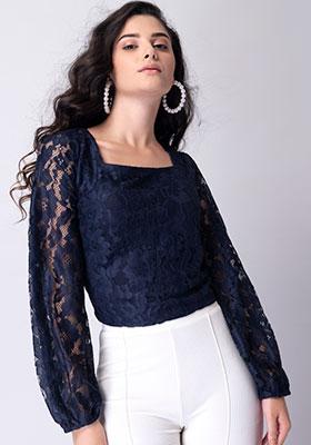Navy Back Tie Lace Top 