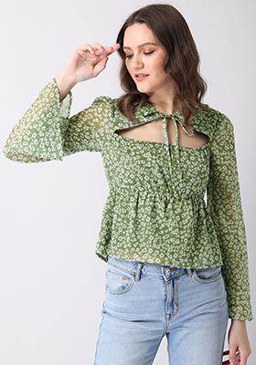 Olive Floral Cut Out Front Tie Top 