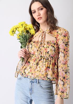 Yellow Floral Cut Out Front Tie Top 