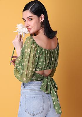 Green Floral Ruched Back Tie Crop Top 