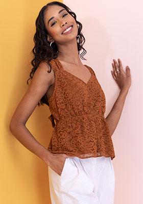 Brown Lace Elasticated Waist Top 