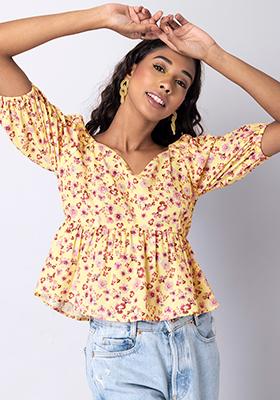 Yellow Floral Puff Sleeves Peplum Top 