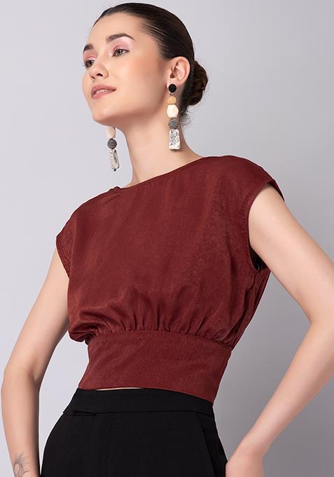 Brown Satin Open Back Crop Top 