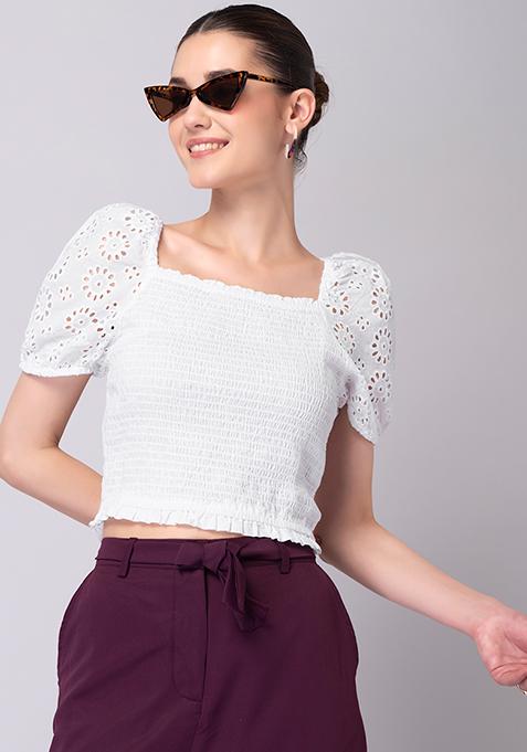 White Schiffli Smocked Crop Top 