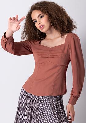 Rust Ruched Sweetheart Neck Blouse 