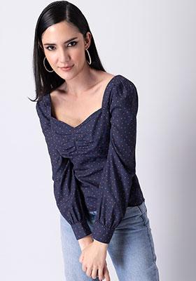 Navy Geometric Ruched Blouse