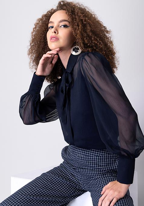 Navy Bow Collar Bishop Sleeve Shirt