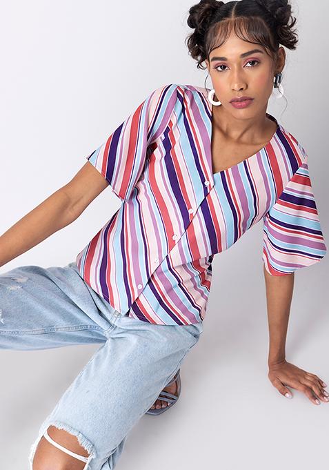 Multicolored Striped Buttoned Back Tie Blouse 