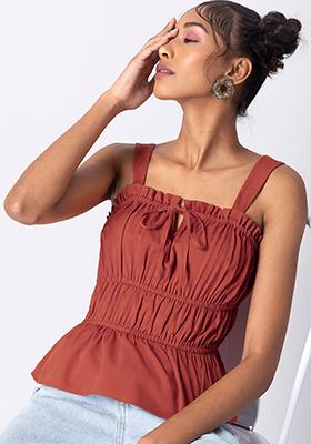 Rust Strappy Smocked Front Tie Peplum Top 