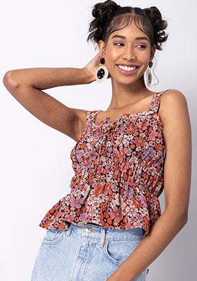 Rust Floral Strappy Smocked Front Tie Top 