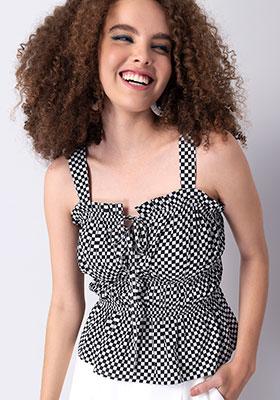 Black Checked Strappy Smocked Front Tie Top 