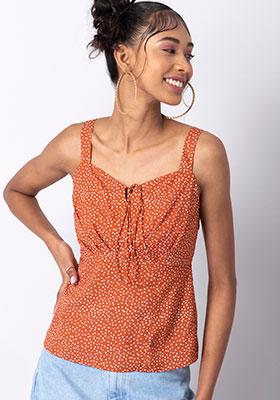 Rust Polka Strappy Tie Up Blouse  
