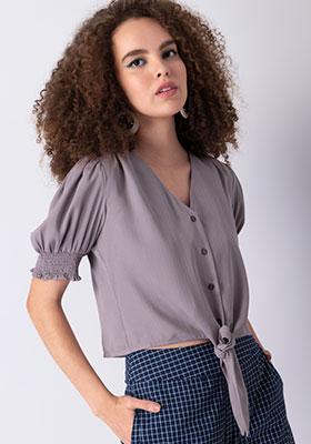Lilac Front Tie Buttoned Smocked Sleeve Shirt 