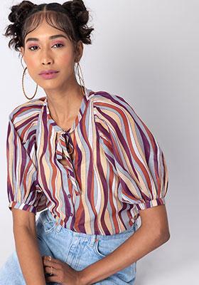 Multicolor Abstract Ruched Back Blouse
