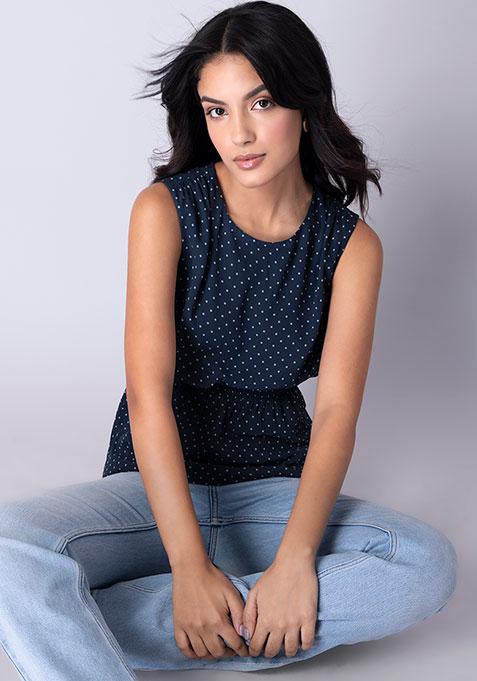 Navy Polka Smocked Waist Peplum Top 