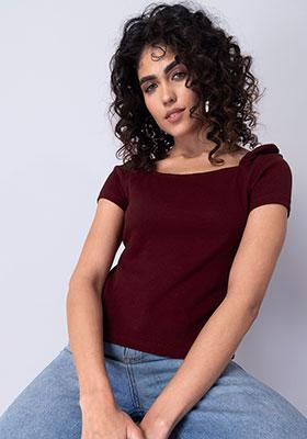 Maroon Square Neck Puff Sleeve Knit Top 