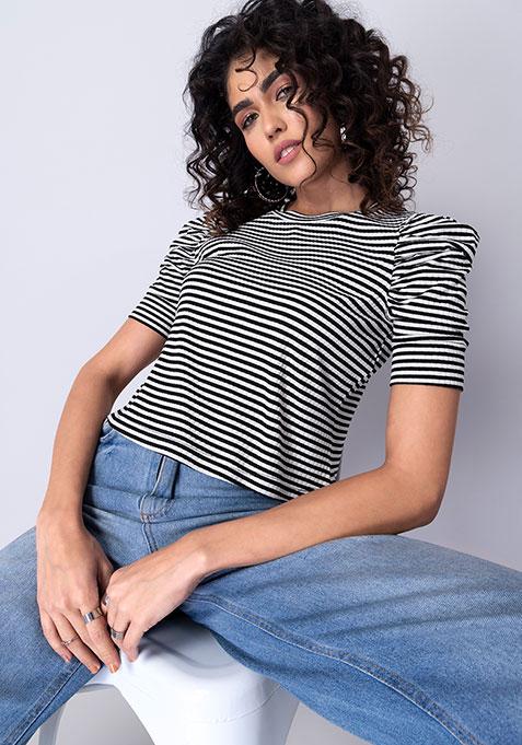 Black Striped Ruched Short Sleeve Knit Top