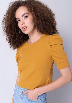 Yellow Ruched Short Sleeve Knit Top 