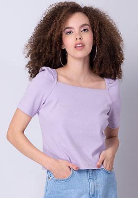 Lilac Square Neck Puff Sleeve Knit Top 