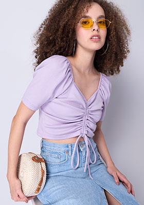 Lilac Sweetheart Neck Ruched Knit Crop Top 