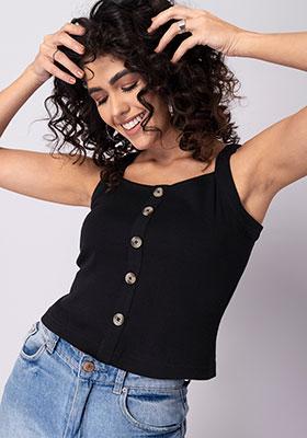 Black Strappy Buttoned Knit Tank Top 