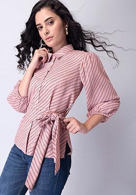 Pink Printed Button Down Belted Shirt