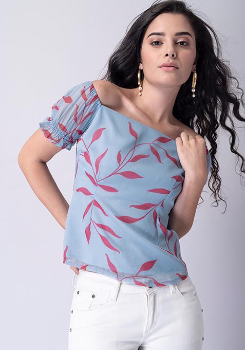 Blue Botanical Smocked Off Shoulder Top