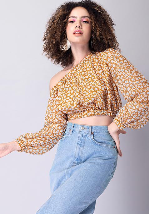 Mustard Floral Elasticated One Shoulder Crop Top