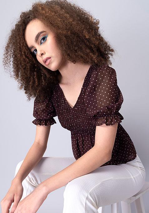 Maroon Polka Puff Sleeve Smocked Top 