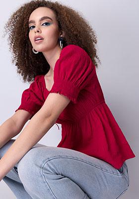 Red Crushed Ruched Neck Tie Top 