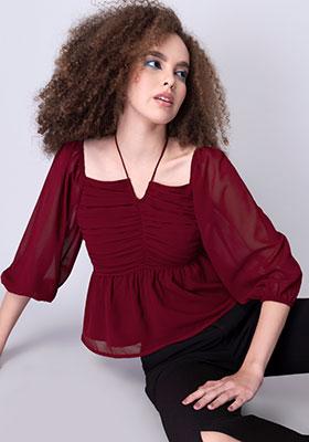 Red Ruched Front Neck Tie Up Top 