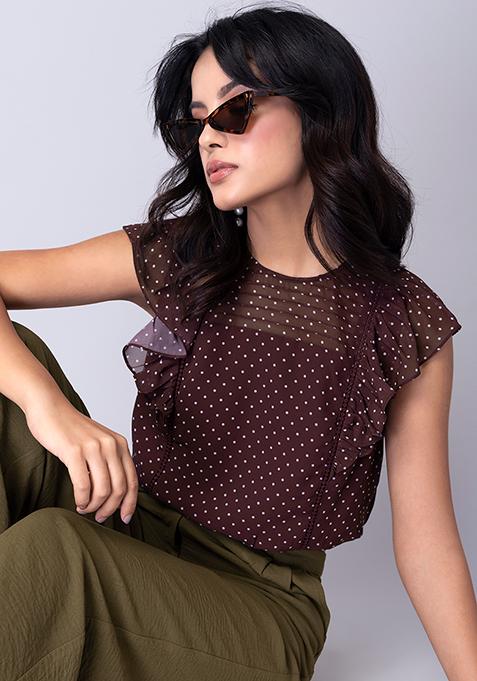 Wine Polka Frilled Sleeve Crop Top 