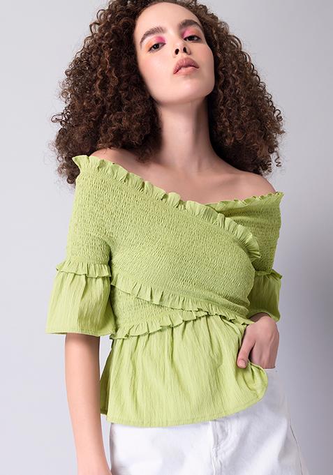 Green Off Shoulder Smocked Wrap top 