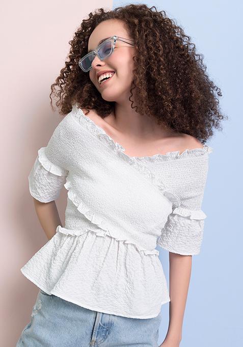 White Off Shoulder Smocked Wrap Top 