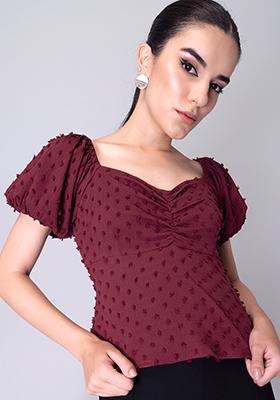 Maroon Self Design Ruched Top 
