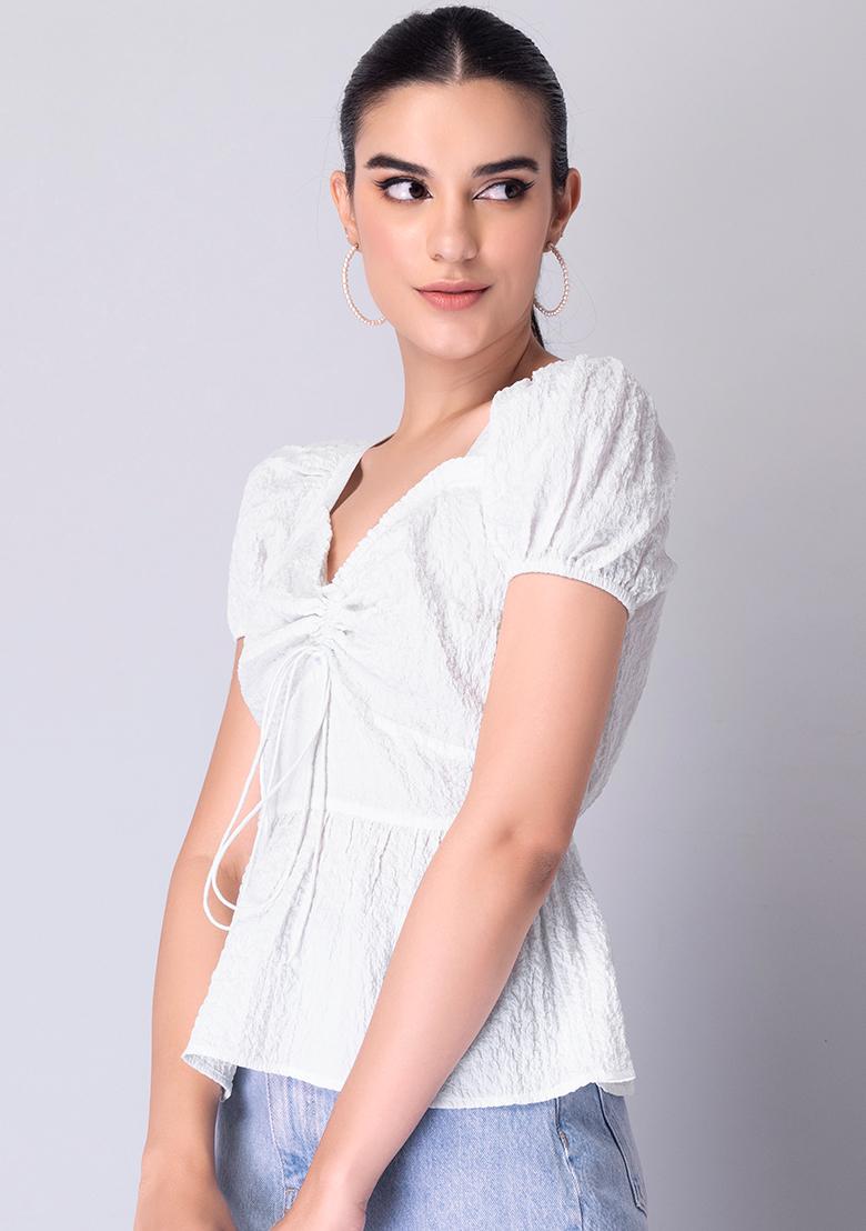 Buy Women White Self Design Puff Sleeve Top Peplum Tops Online India