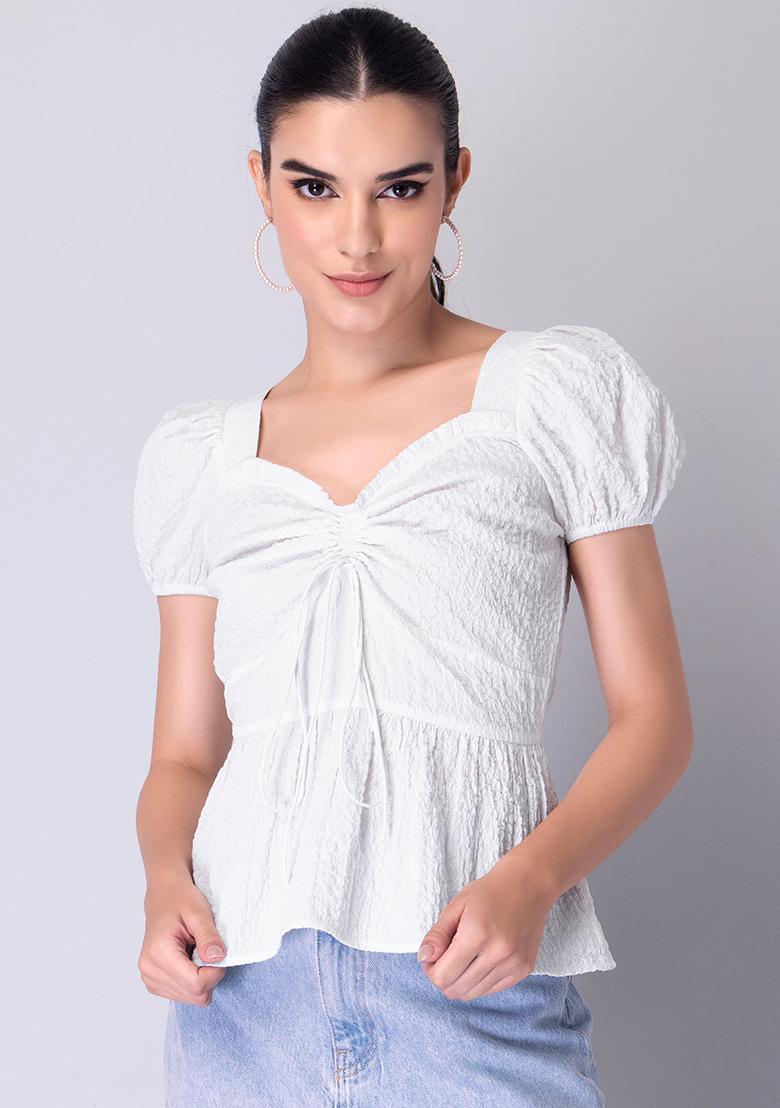 Buy Women White Self Design Puff Sleeve Top Peplum Tops Online India