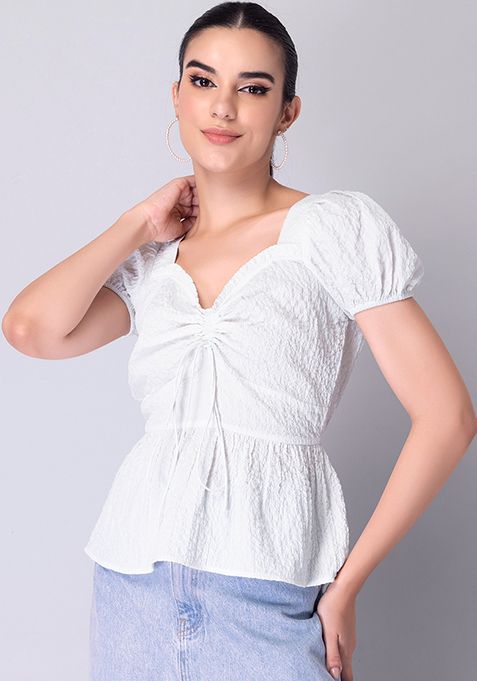 Buy Women White Self Design Puff Sleeve Top Peplum Tops Online India Faballey 9152