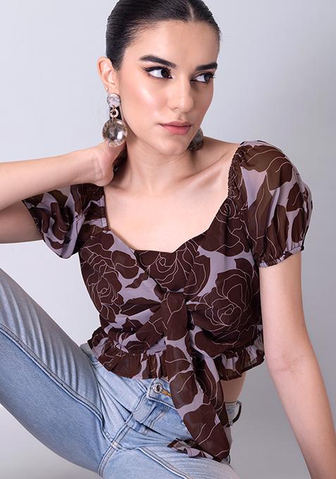 Brown Floral Overlap Crop Top 