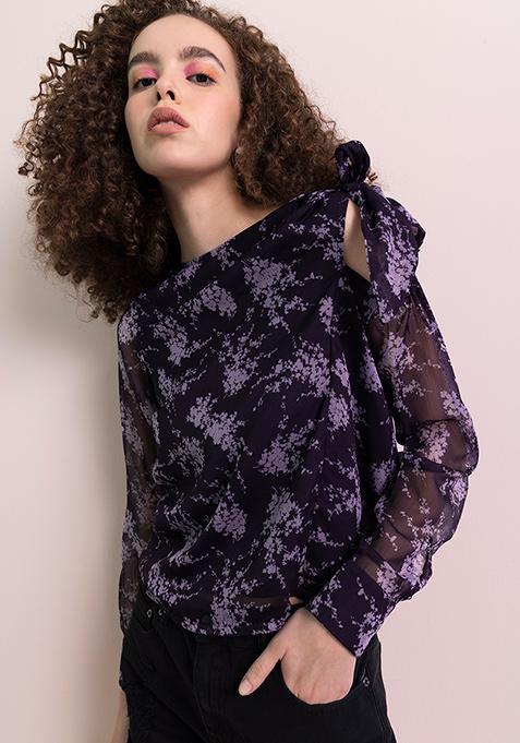 Purple Floral Boat Neck Tie Up Blouse 