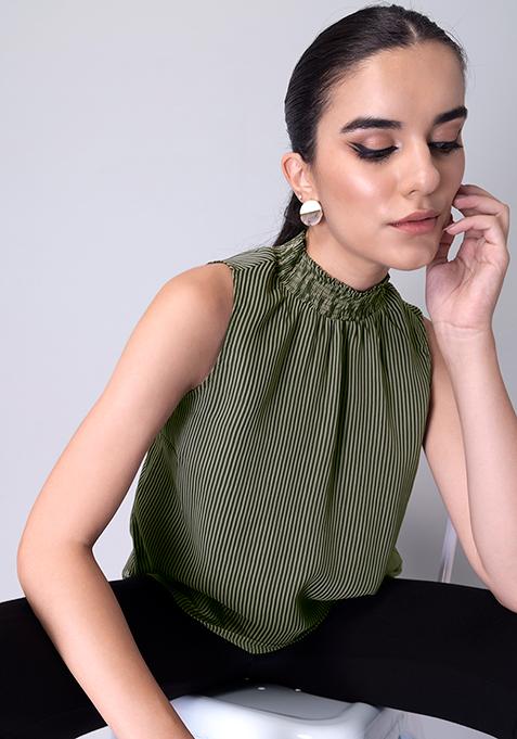 Green Striped Smocked Halter Neck Top 