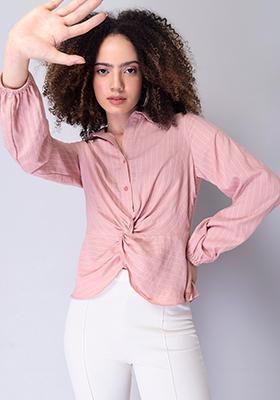 Pink Striped Front Knot Shirt 