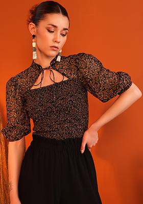 Brown Floral Smocked Cut Out Top