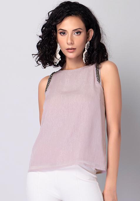 Buy Women Blush Wrinkled Chiffon Embellished Top - Party Wear Online ...