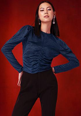 Navy Front Ruched Full Sleeve Blouse 