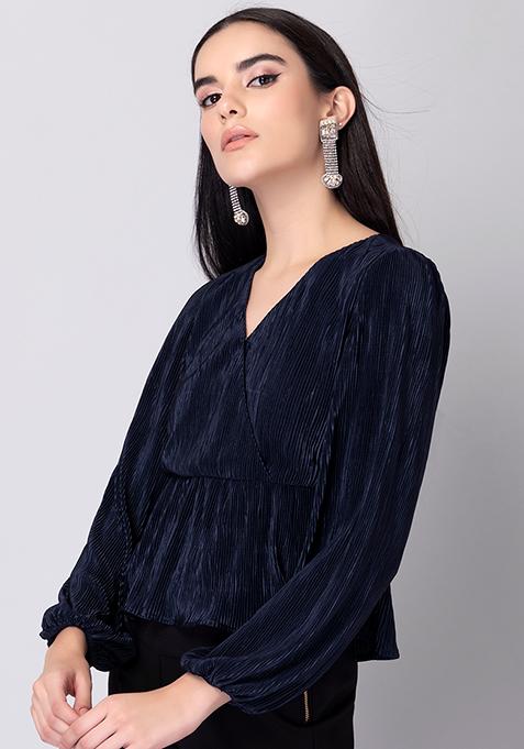 Buy Women Navy Pleated Wrap Top - Trends Online India - FabAlley