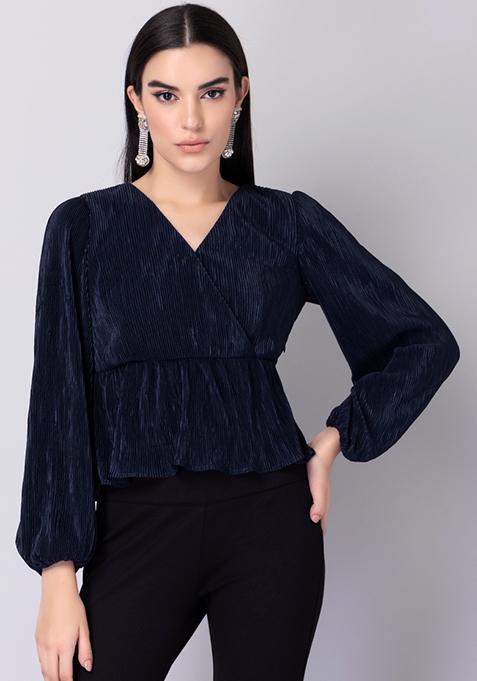 Buy Women Navy Pleated Wrap Top - Trends Online India - FabAlley