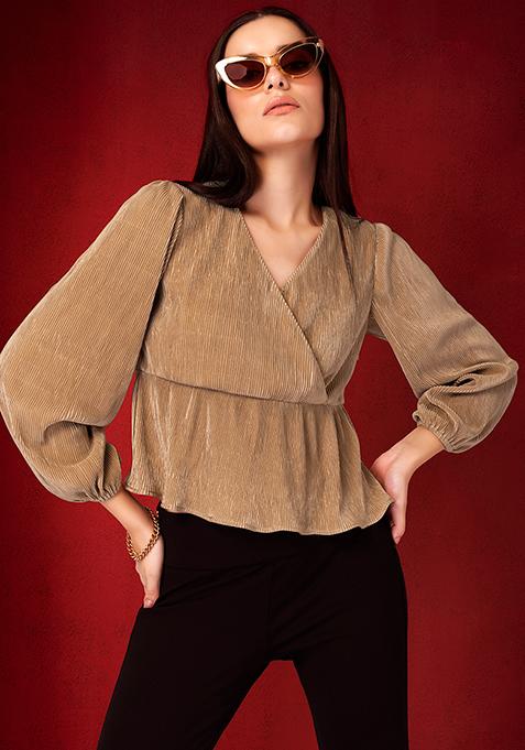 Beige Pleated Wrap Top 