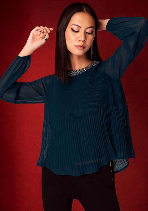 Navy Blue Pleated Embellished Neck Top
