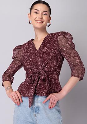 Maroon Floral Front Knot Peplum Top